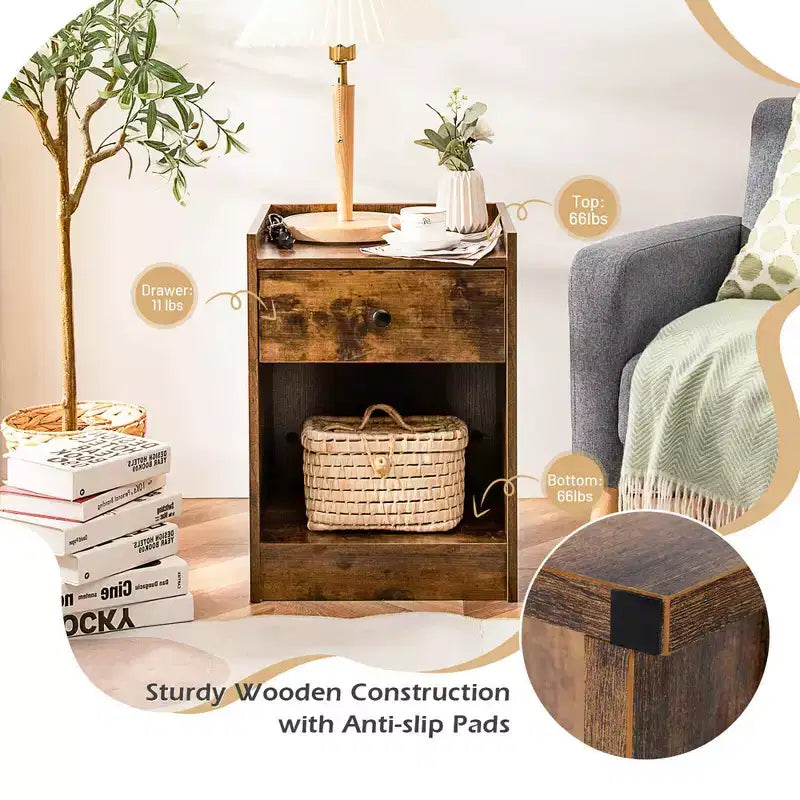 Costway Set of 2 Nightstand with Drawer Cabinet End Side Table Raised Top