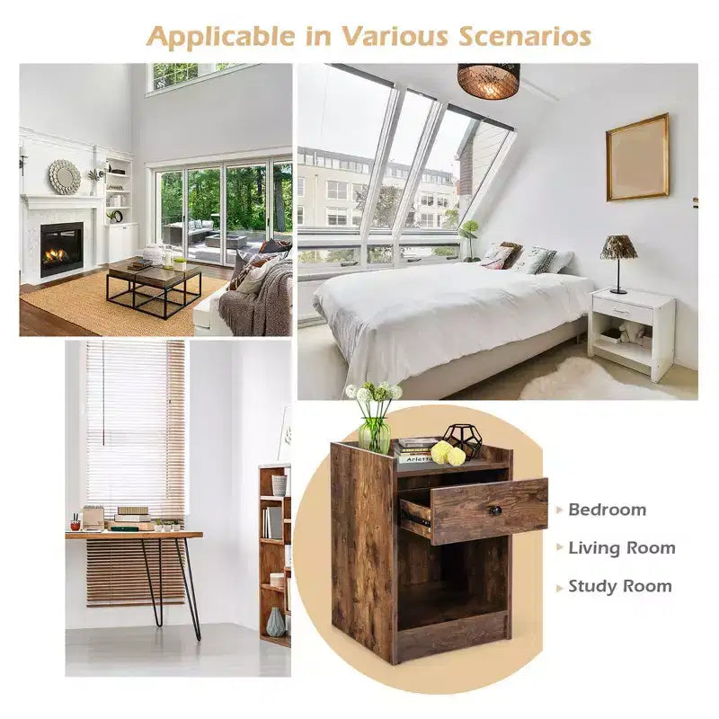 Costway Set of 2 Nightstand with Drawer Cabinet End Side Table Raised Top