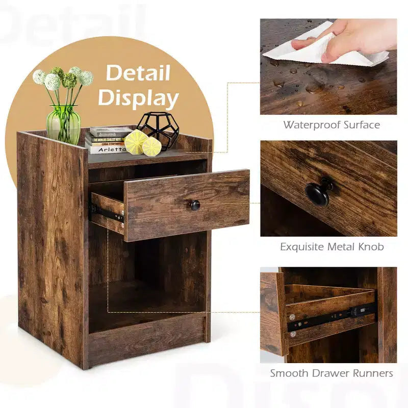 Costway Set of 2 Nightstand with Drawer Cabinet End Side Table Raised Top