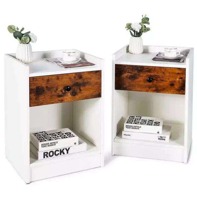 Costway Set of 2 Nightstand with Drawer Cabinet End Side Table Raised Top